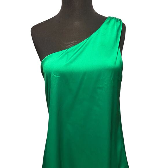 Boston Proper Green Silky One Shoulder Top Sz M Asymmetrical Side Zipper - Picture 2 of 4
